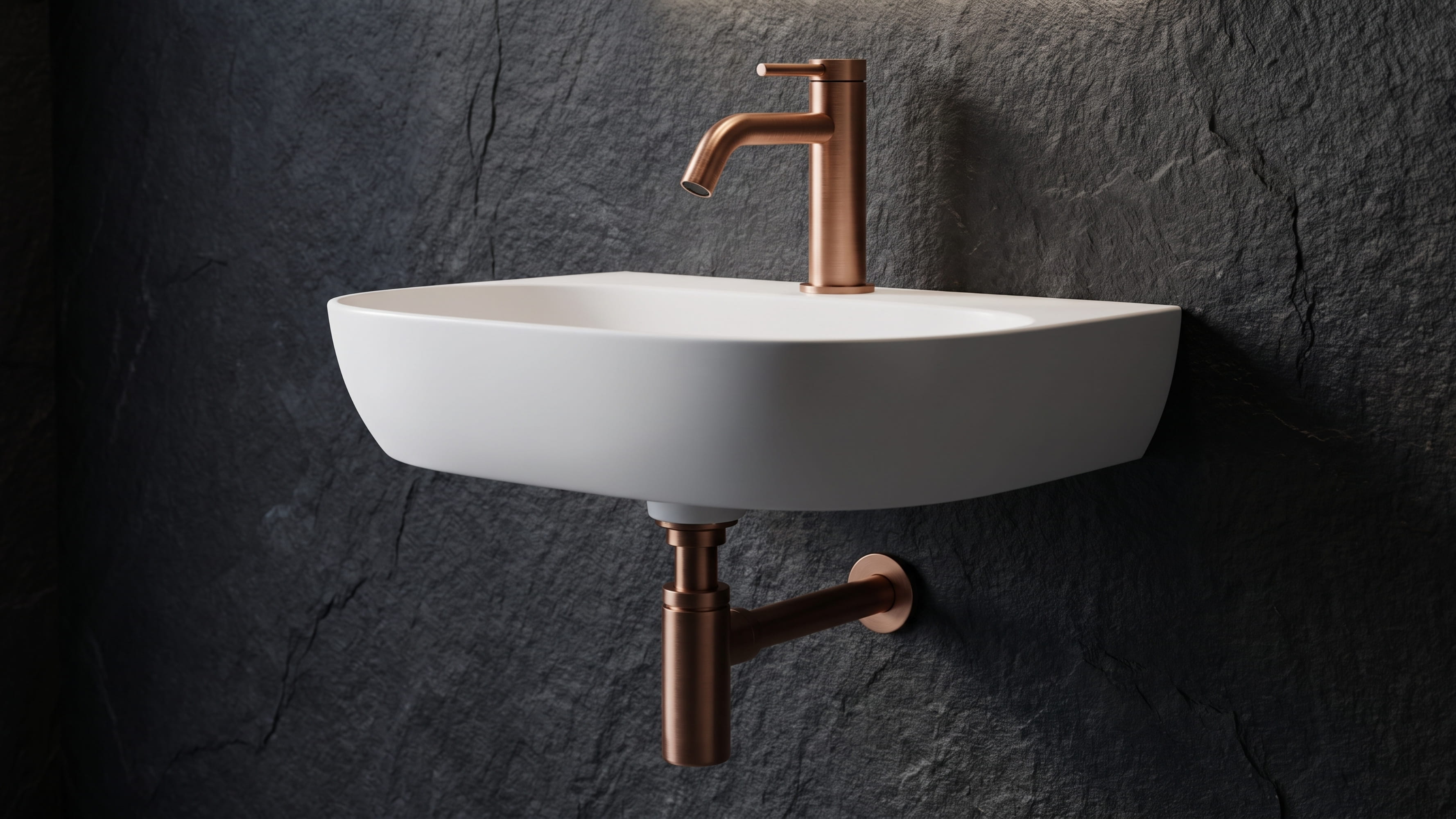 Дизайнерський відкритий сифон та змішувач Mariner Logica у кольорі Brushed Copper на підвісній раковині.
